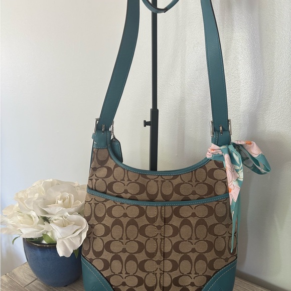 Coach Hampton Signature Jacquard Brown and Teal Hobo Bag - Picture 4 of 12
